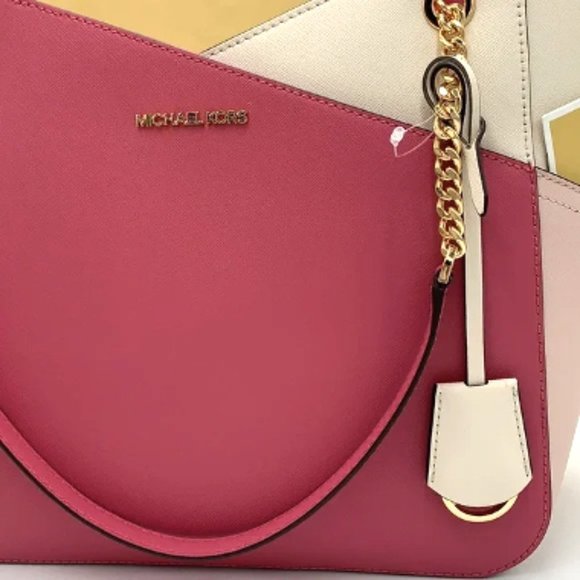 NWT Michael Kors Jet Set Leather Shoulder Bag Tote Pink Gold Chain Ivory Blush - Picture 7 of 16